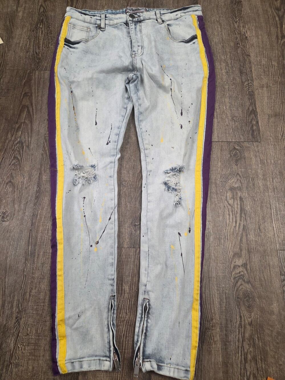 DENIM CITY Street Wear Light Wash Skinny Jeans Paint Splatter Purple Yellow 34